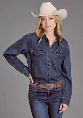 Stetson Womens Collared Oversized Dark Blue Tencel/Rayon L/S Shirt Reinforced Buttonholes