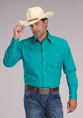 Roper Mens 2509 Stretch Poplin Turquoise Cotton Blend L/S Shirt fade resistant color Summer Must-have