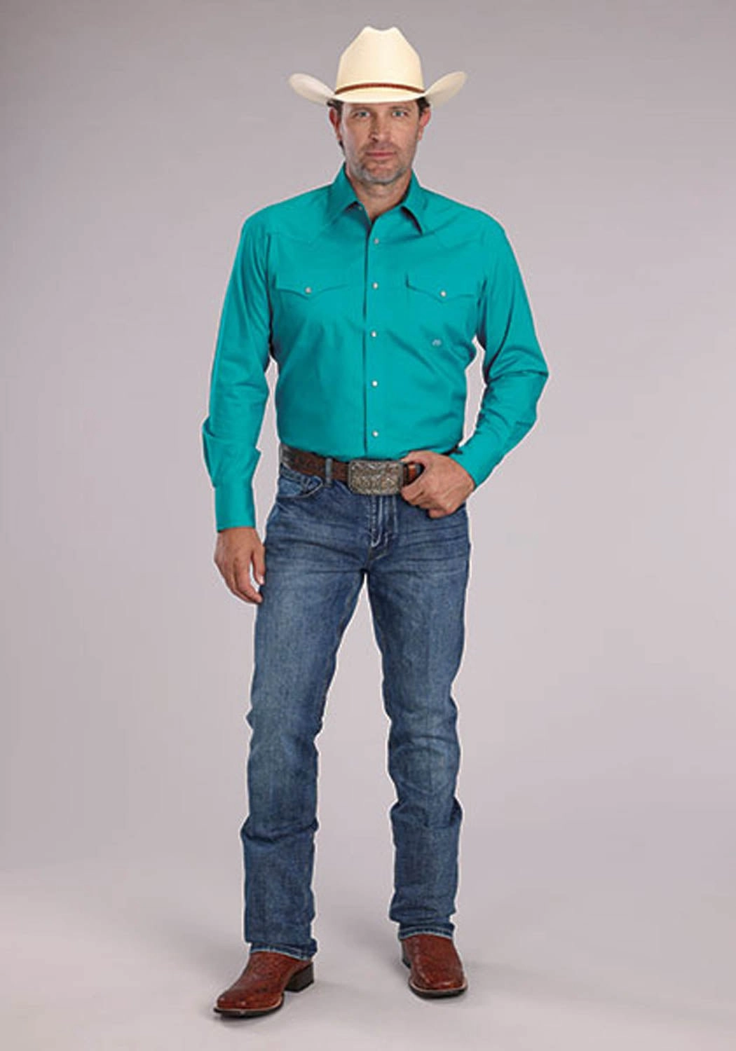 Roper Mens 2509 Stretch Poplin Turquoise Cotton Blend L/S Shirt Non Iron Fabric Odorless Binding Tape