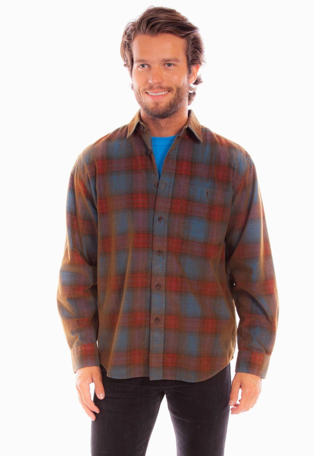 Scully Mens Corduroy Plaid Red/Blue 100% Cotton L/S Shirt Layered Hemline