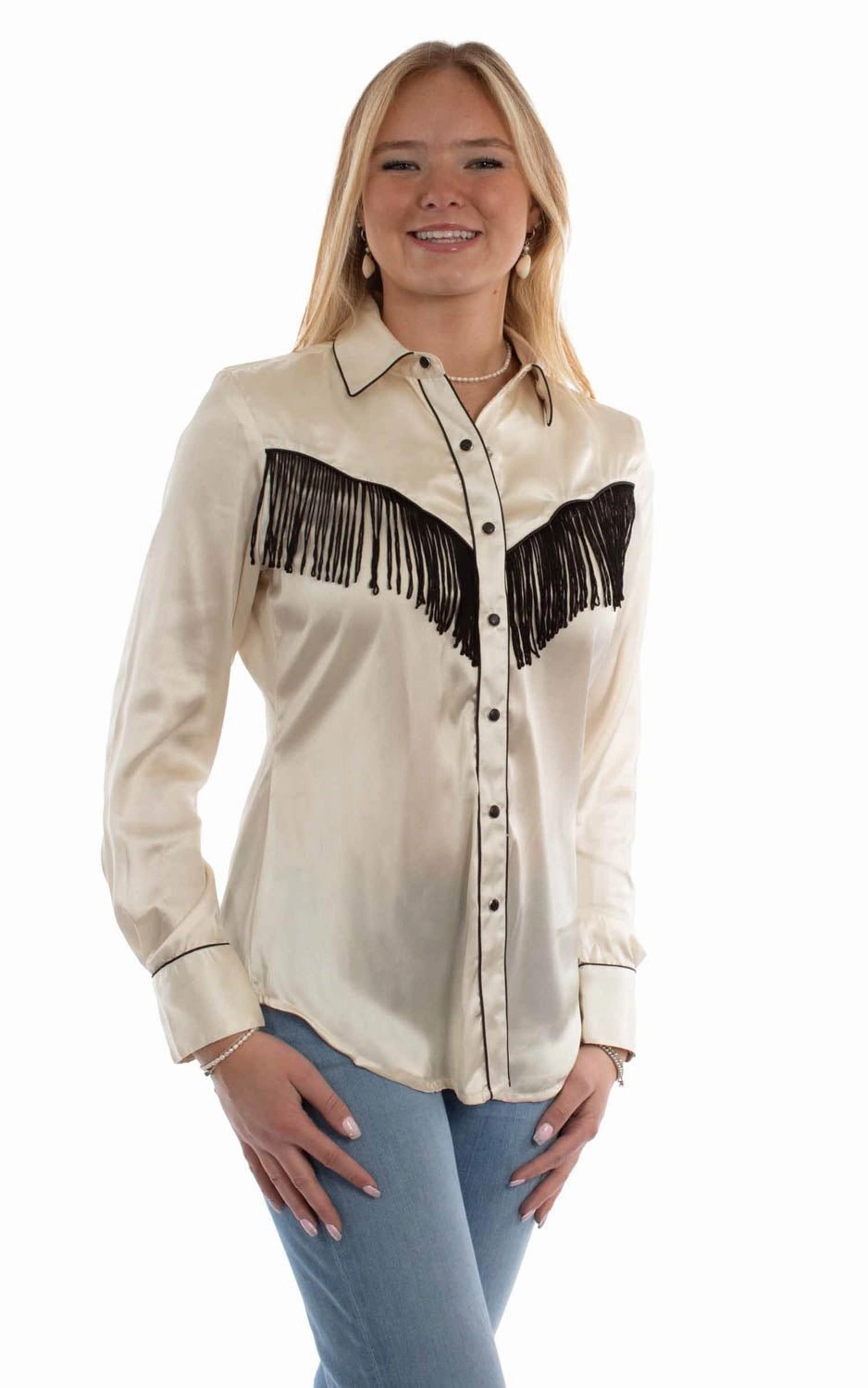 Scully Womens Retro Western Style Fringe Cream 100% Polyester L/S Blouse Lounge Wear