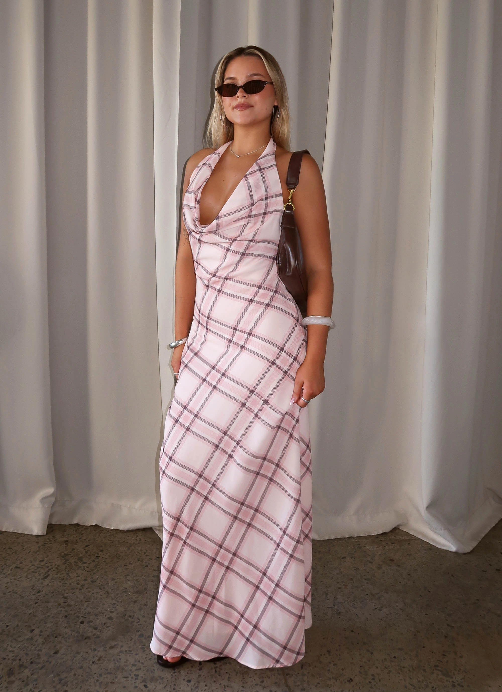 Muse Maxi Dress - Pink Check V-Neck Midi-Length