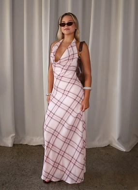 Muse Maxi Dress - Pink Check V-Neck Midi-Length