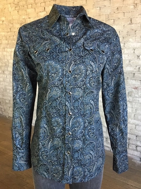 Rockmount Womens Navy 100% Cotton Paisley Print Western L/S Shirt Compact Fold Design Reinforced Elasticity