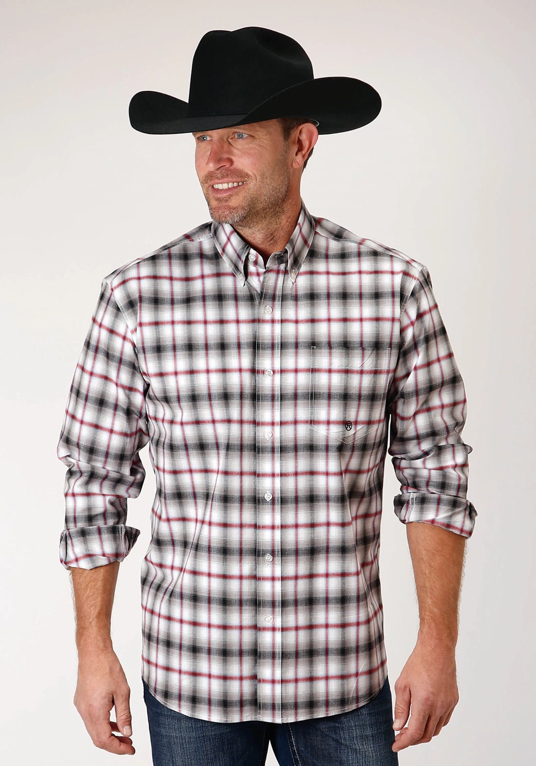 Effortless Comfort Roper Mens Black Cotton Blend Classic Ombre BD L/S 1 Pkt Shirt