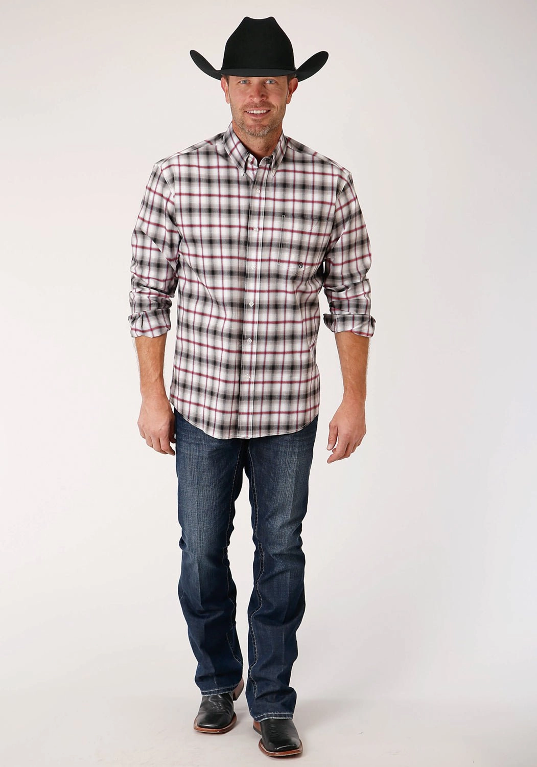 Roper Mens Black Cotton Blend Classic Ombre BD L/S 1 Pkt Shirt Comfort Stretch