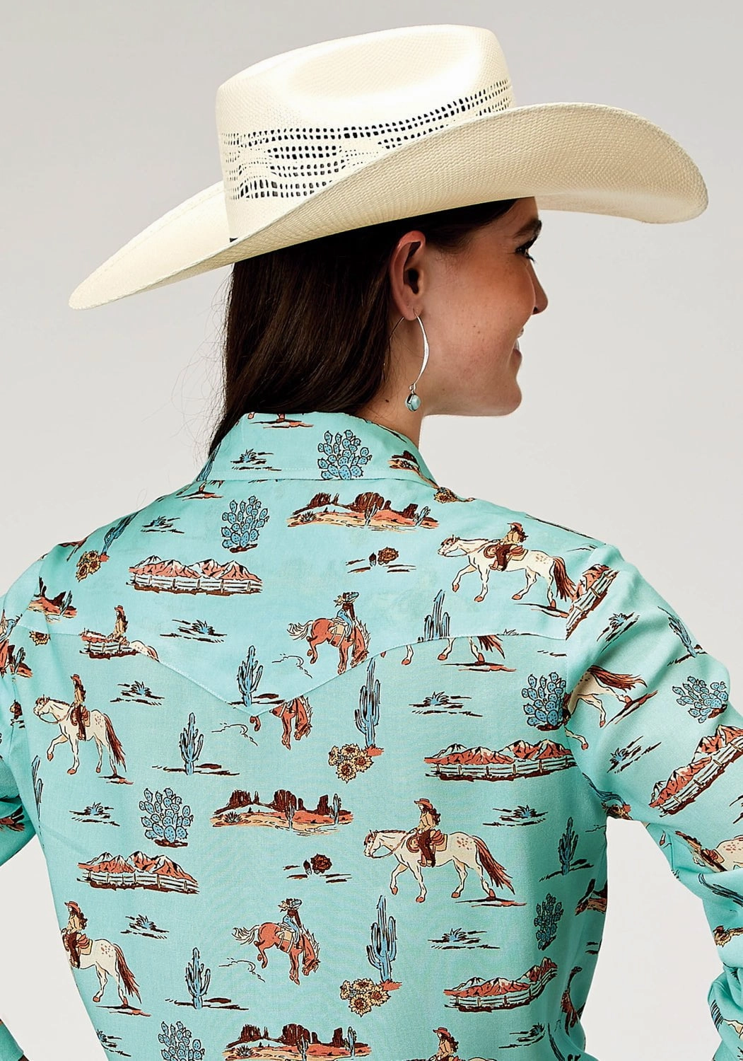 Recycled Polyester Blend Roper Womens 1989 Desert Toile Blue 100% Rayon L/S Shirt