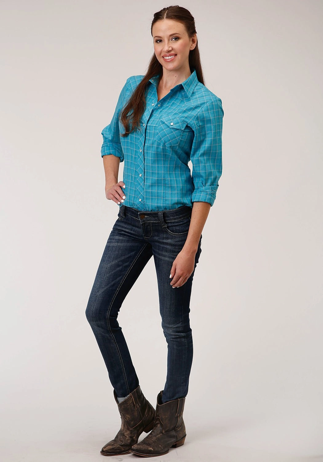 Roper Womens 55/45 Windowpane Turquoise Cotton Blend L/S Shirt Oversized Fit