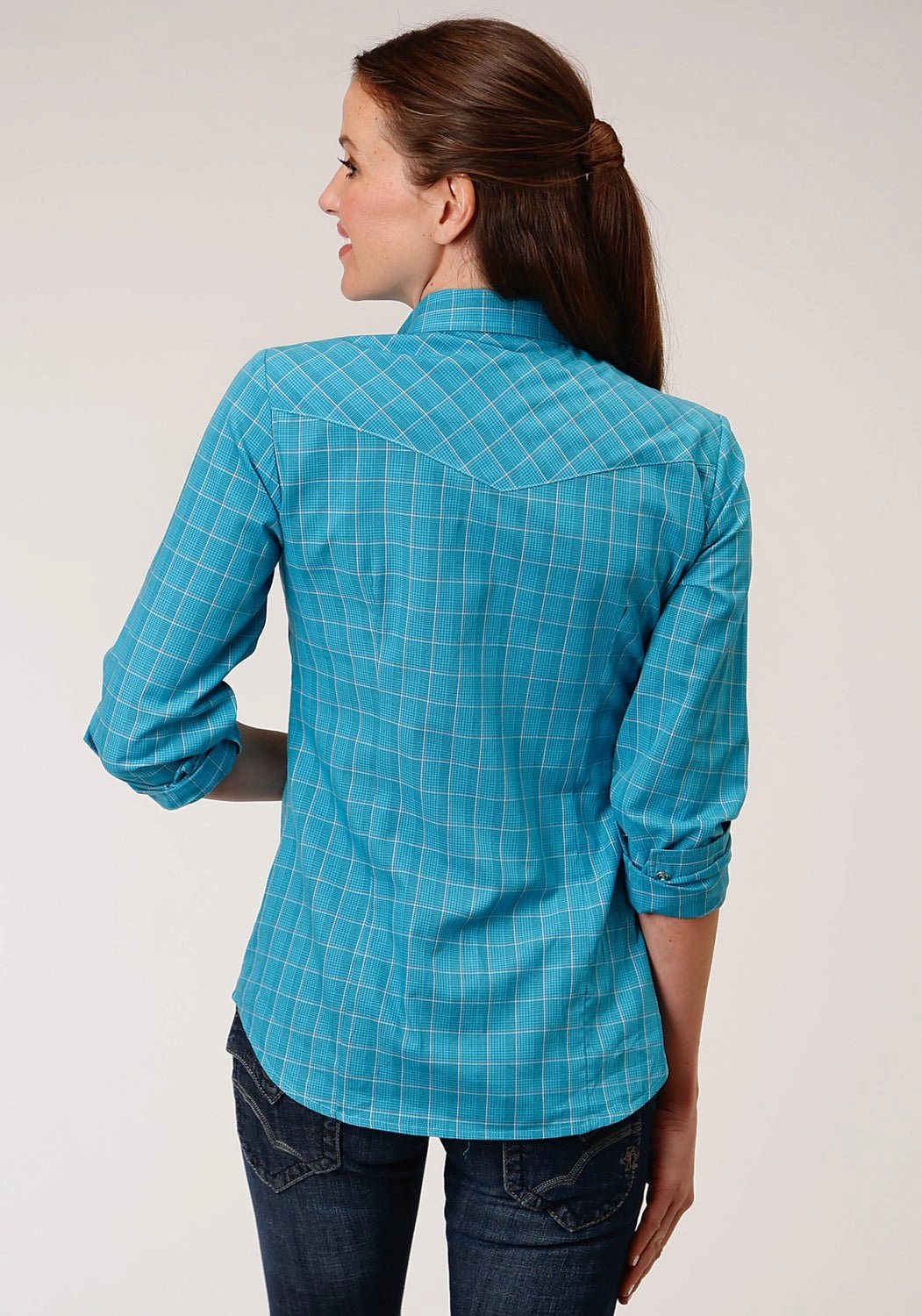 Asymmetrical Cut Roper Womens 55/45 Windowpane Turquoise Cotton Blend L/S Shirt