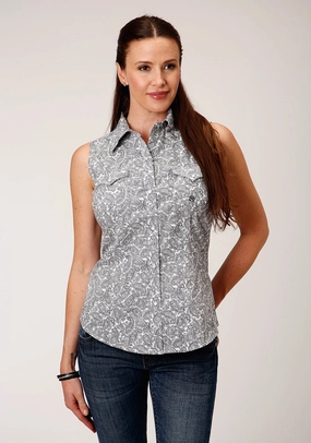Roper Womens White/Grey 100% Cotton Line Paisley S/L Shirt Streetwear Waffle Weave