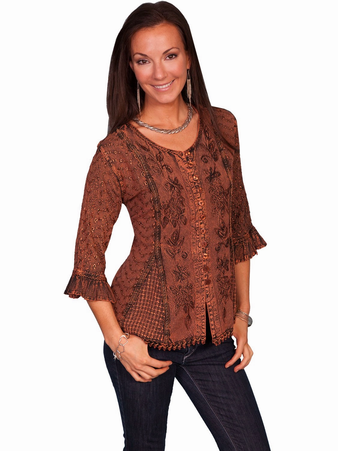 Scully Honey Creek Womens Blouse Copper 100% Rayon Embroidered 3/4 Sleeve Urban Wear Resort Wear