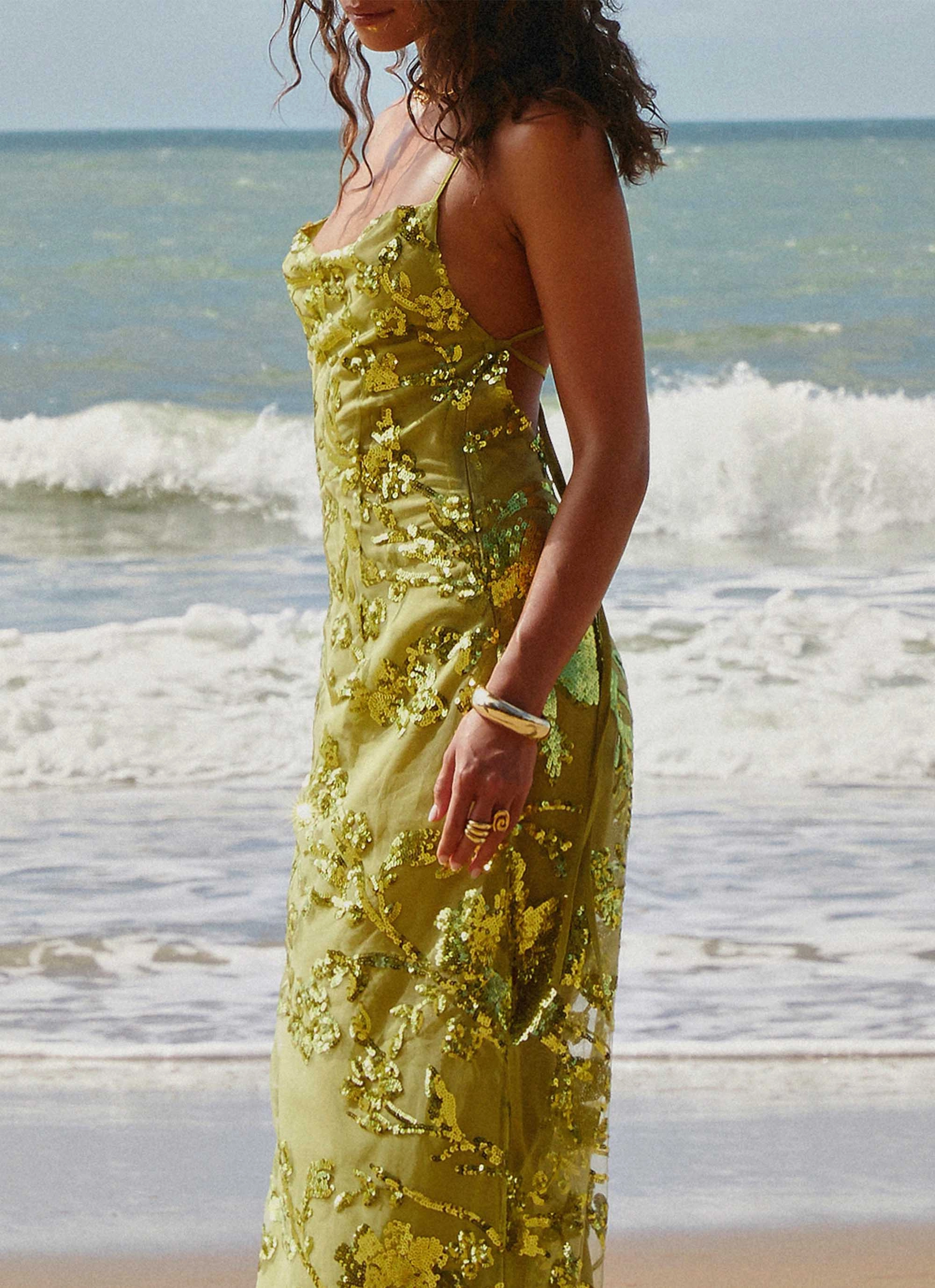 Fitted waist Luxe Mood Havana Sequin Maxi Dress - Lime