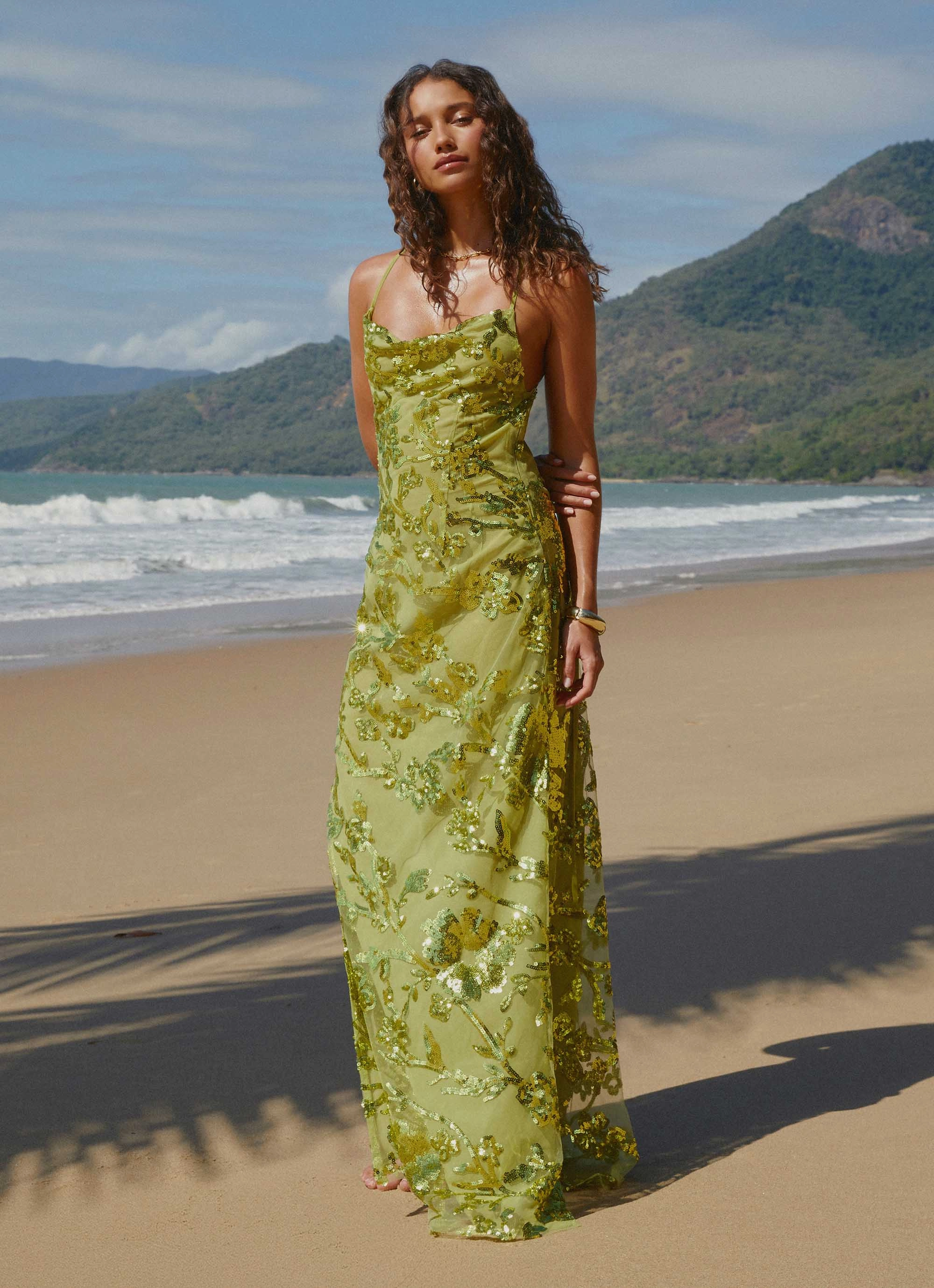 Havana Sequin Maxi Dress - Lime Fit Mood Edgy Layers