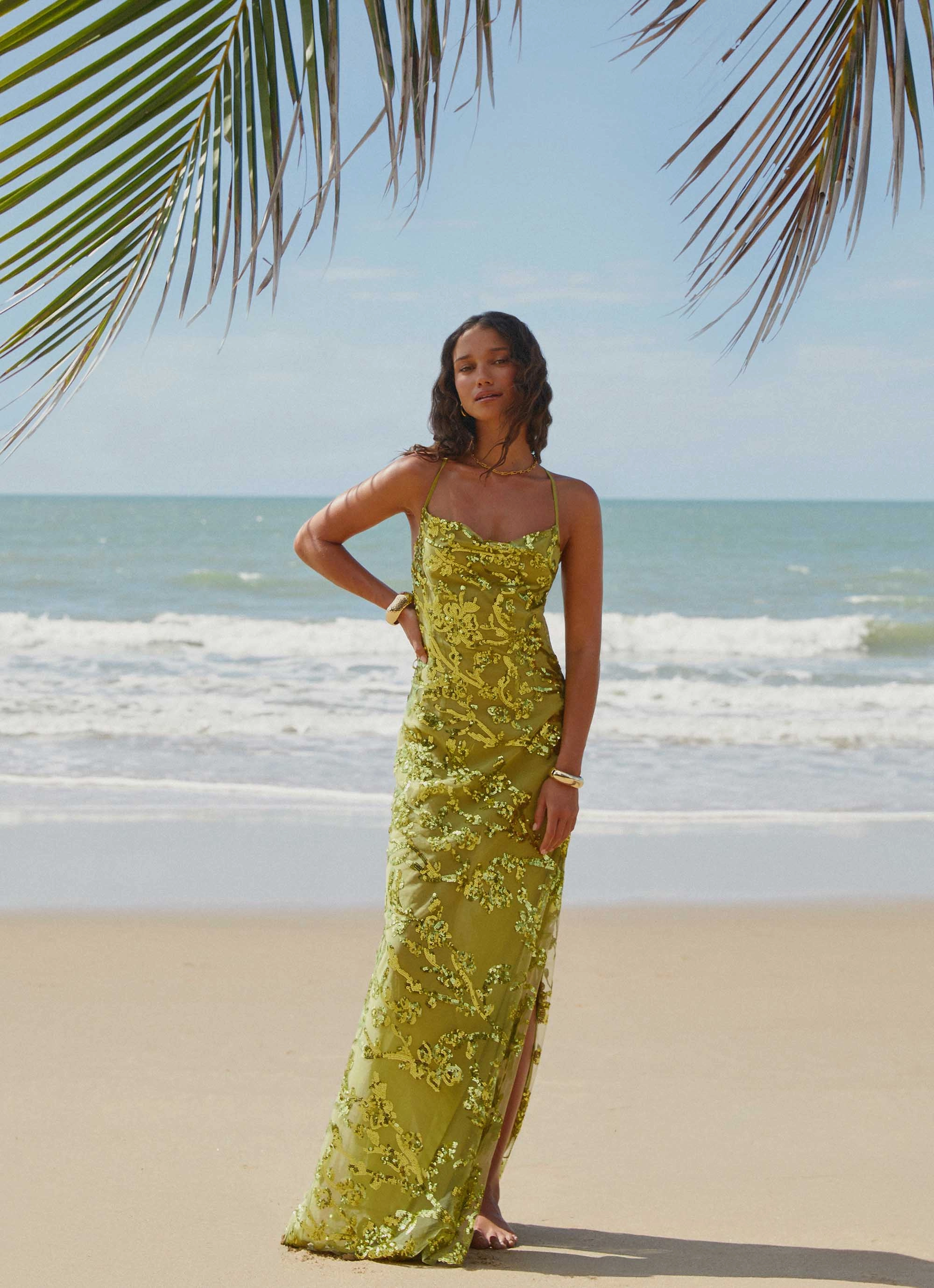 Havana Sequin Maxi Dress - Lime Easy Pairing Skin Glow