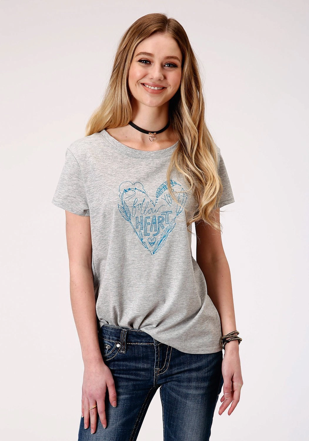 Eco Friendly Dye Roper Womens Gray Poly/Rayon Blue Heart S/S T-Shirt