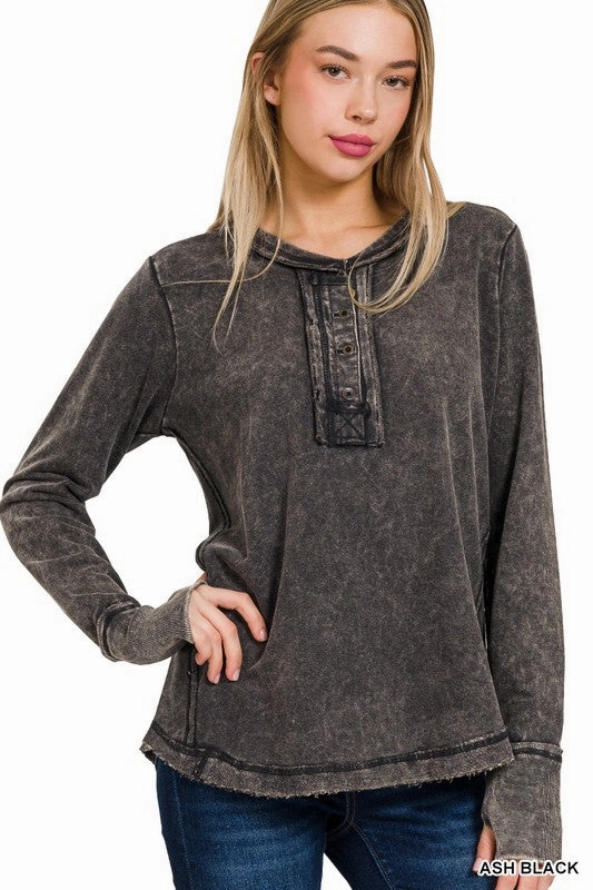 Smooth Jersey Texture Cross Grain Knit Emilee Washed Thumb Hole Cuffs Long Sleeve Top