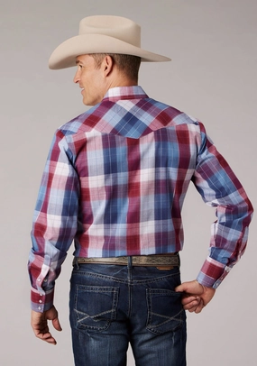 Smooth Stitch Pattern Roper Mens 2059 Plaid Lurex Red/White Cotton Blend L/S Shirt