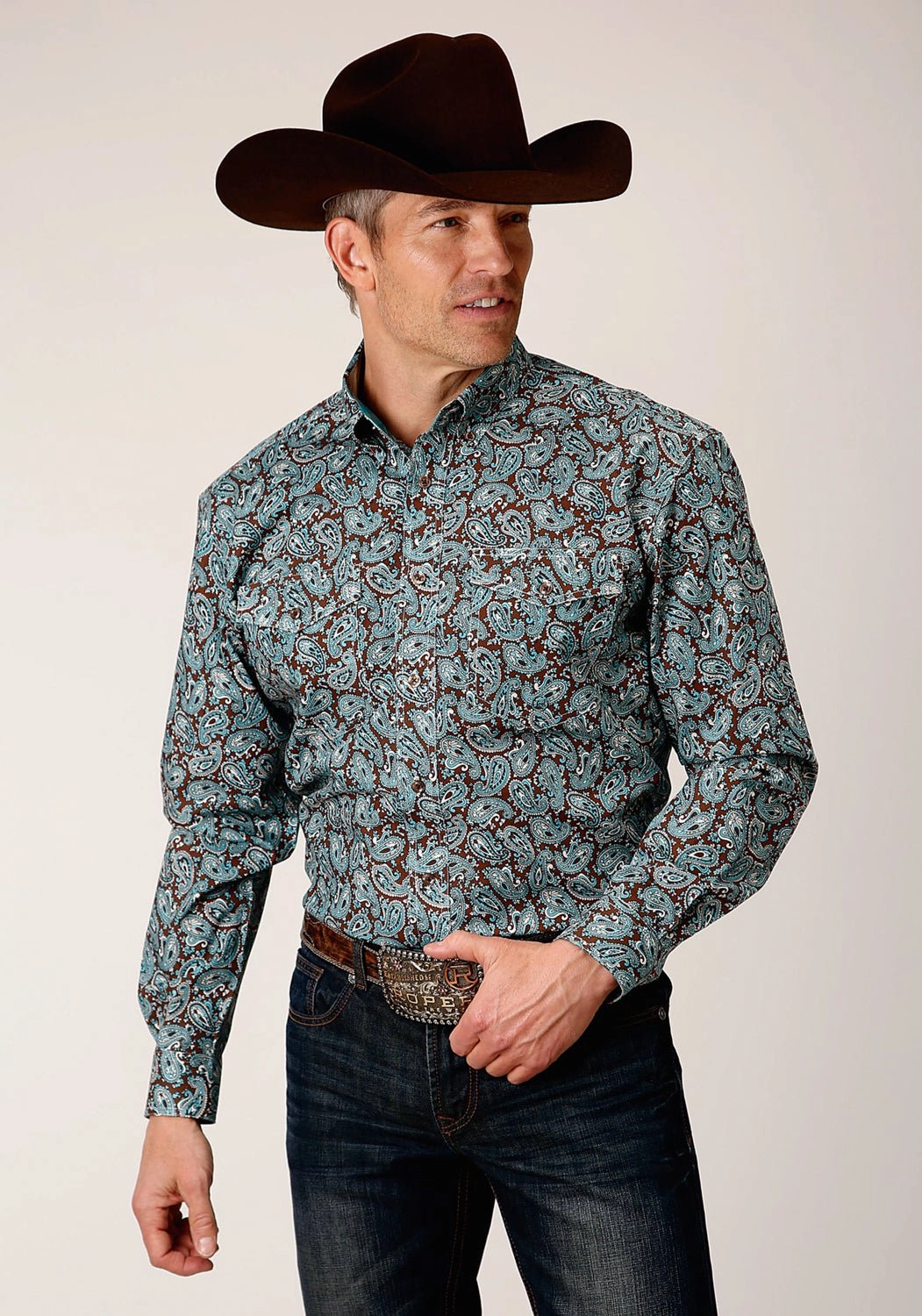 Roper Mens Mine Paisley Turquoise 100% Cotton L/S Shirt Solid Hue Durable Thread Construction