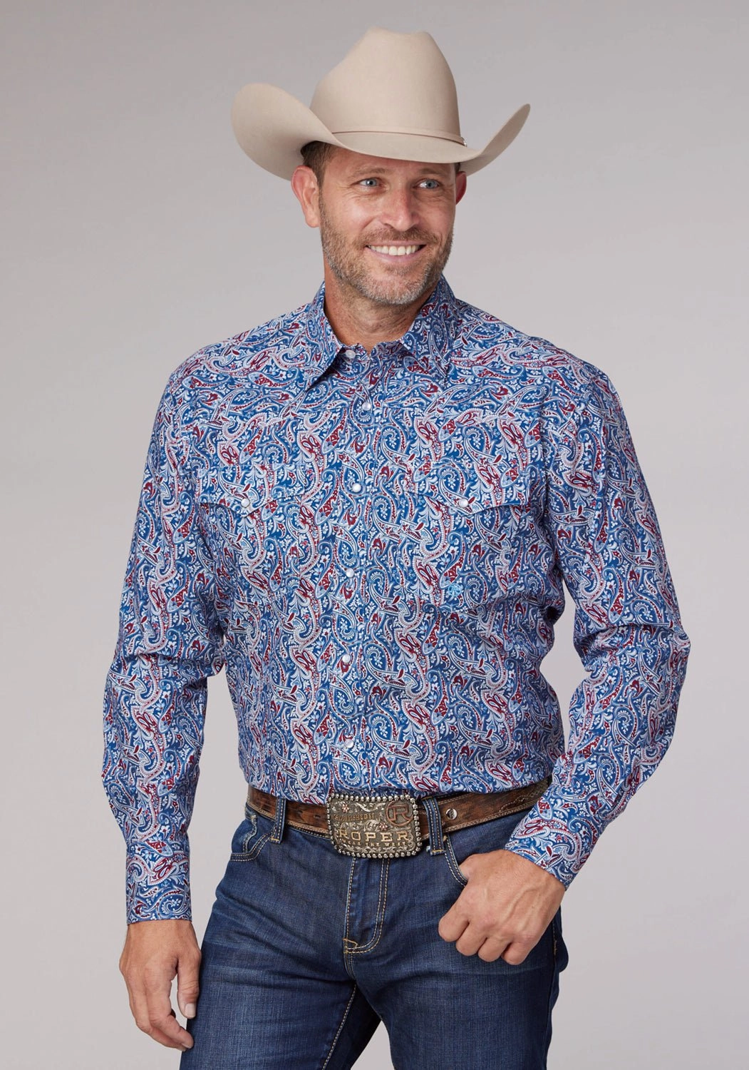 Polo Style Artistic Design Roper Mens 2024 River Paisley Blue 100% Cotton L/S Shirt