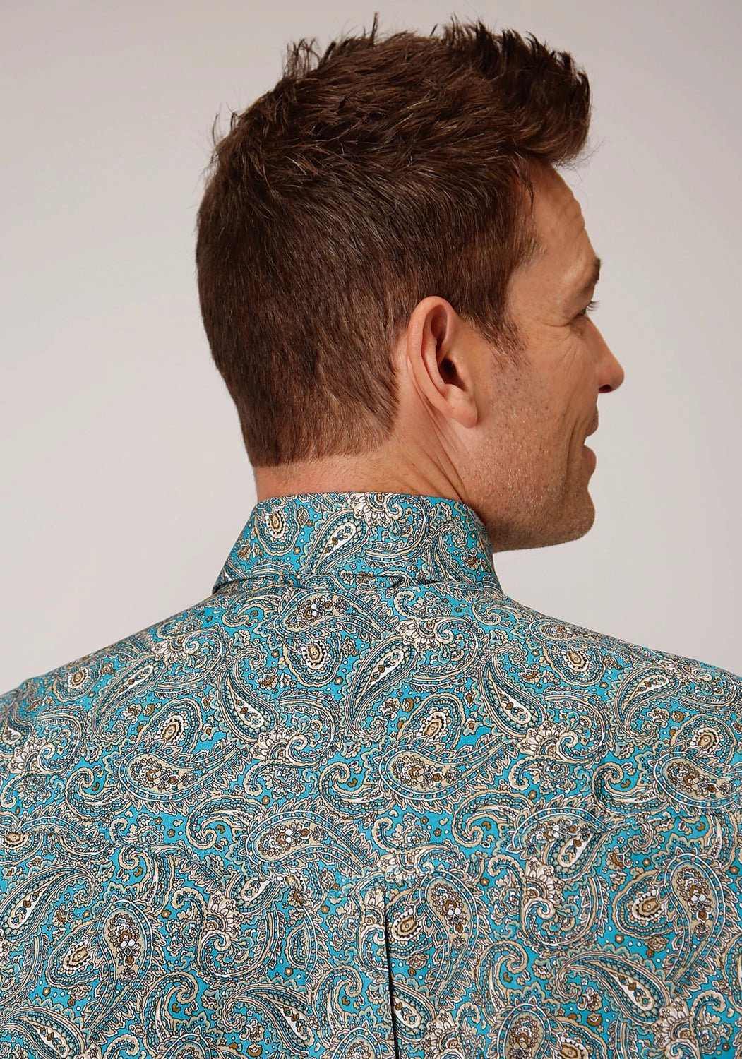 Roper Mens Turquoise 100% Cotton Saddle Paisley BD L/S Button Shirt V-neck style