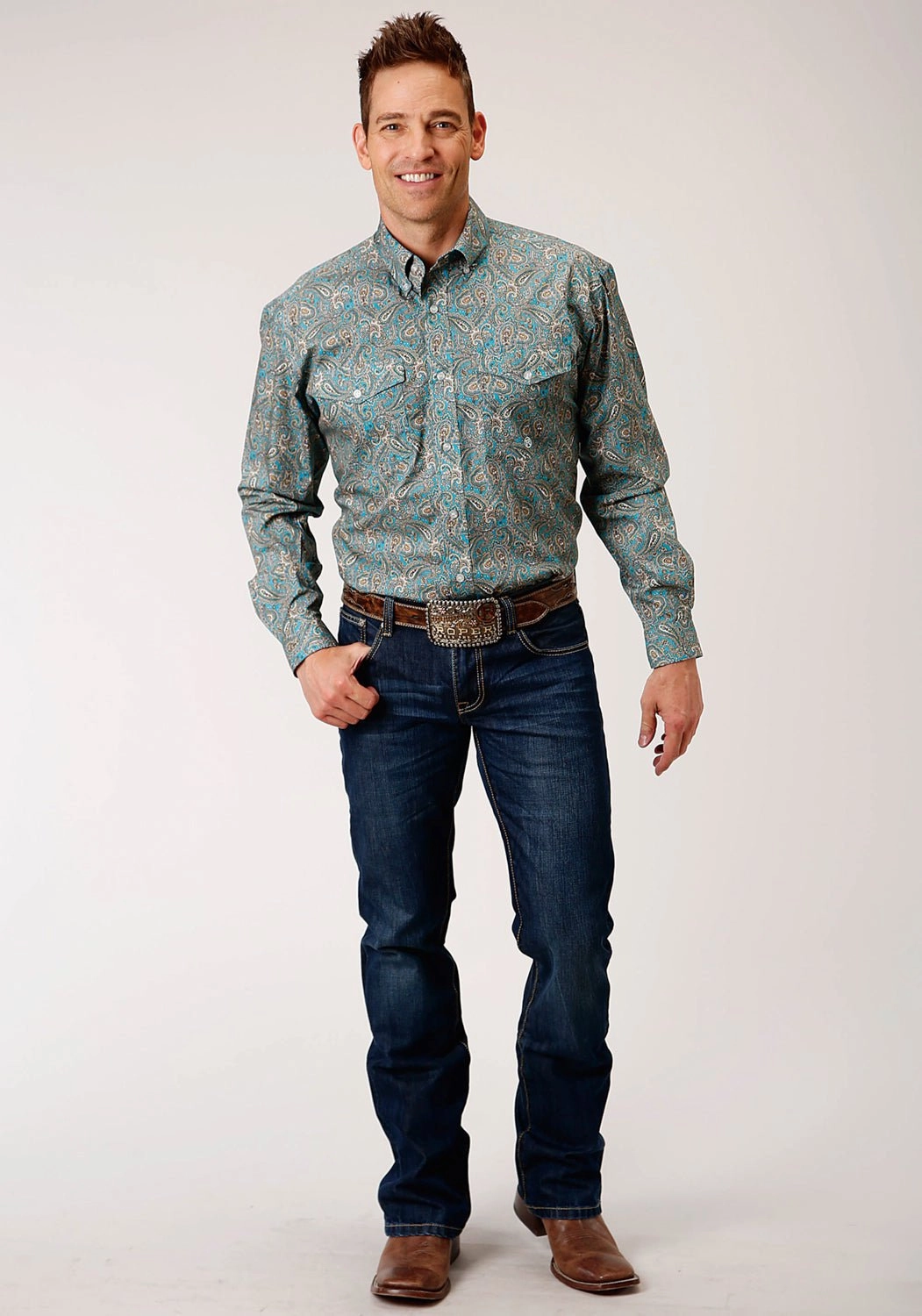 Roper Mens Turquoise 100% Cotton Saddle Paisley BD L/S Button Shirt Current Style
