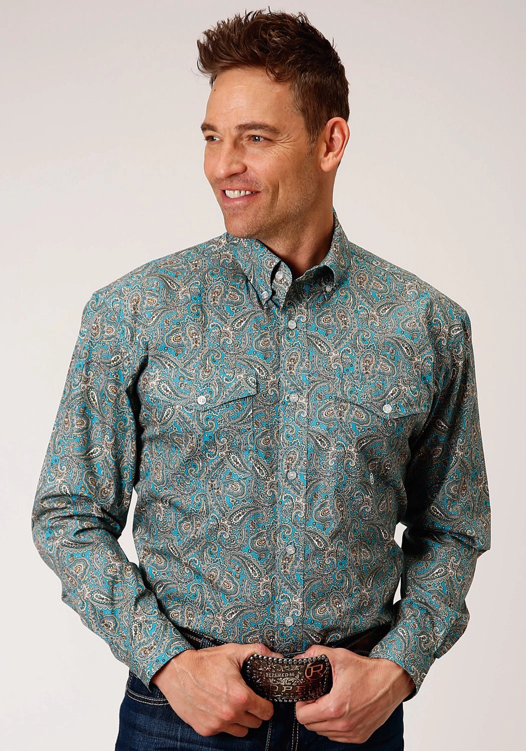 Cruise Collection Urban Wear Roper Mens Turquoise 100% Cotton Saddle Paisley BD L/S Button Shirt