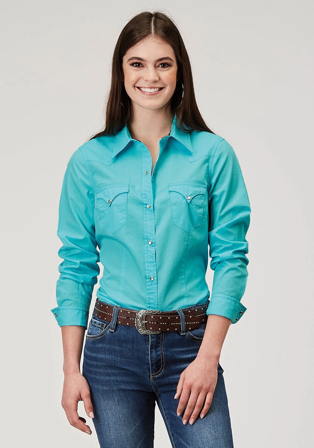Sports Ready Soft Touch Roper Womens 1916 Solid Poplin Turquoise 100% Cotton L/S Shirt