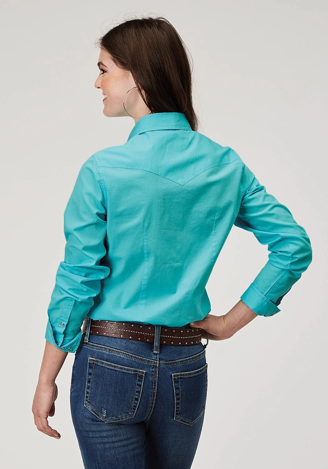 Embellished Neckline Roper Womens 1916 Solid Poplin Turquoise 100% Cotton L/S Shirt