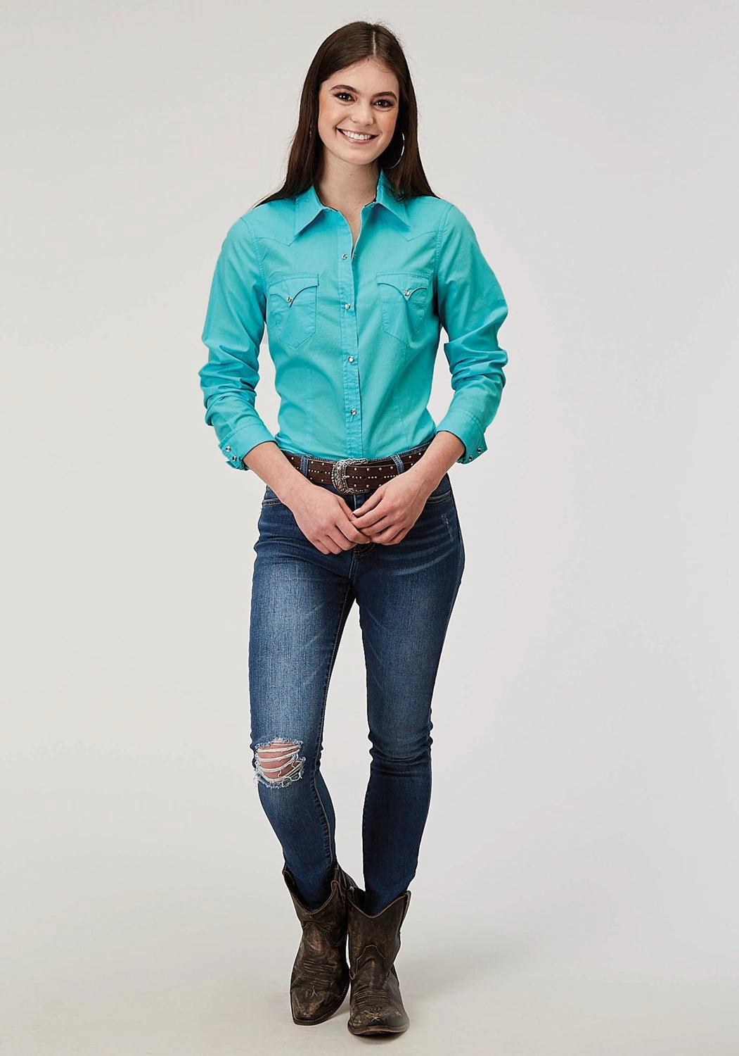 Roper Womens 1916 Solid Poplin Turquoise 100% Cotton L/S Shirt Breathable back panel