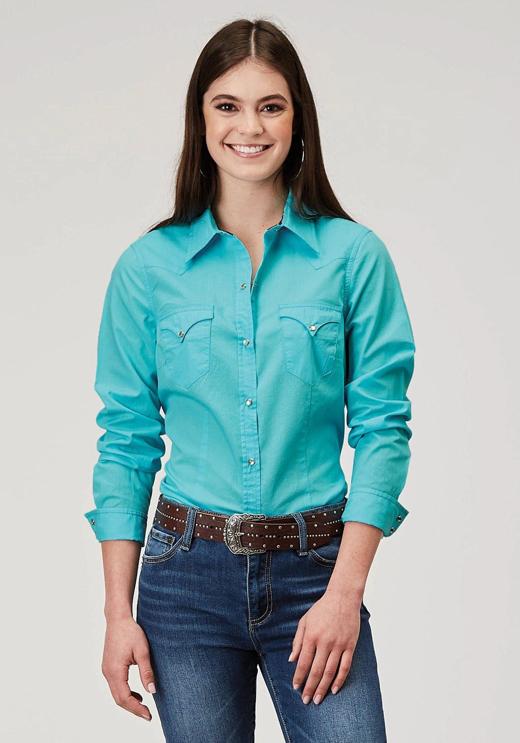 Roper Womens 1916 Solid Poplin Turquoise 100% Cotton L/S Shirt Summer Vibes