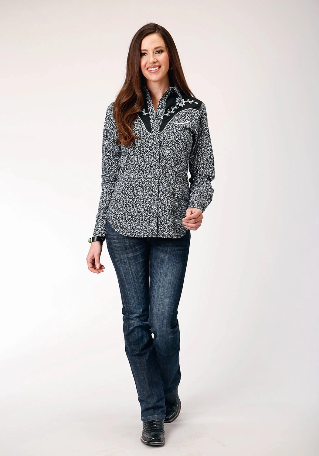 Roper Womens White Floral Black Cotton Blend L/S Shirt Non Iron Fabric Corporate Retreat