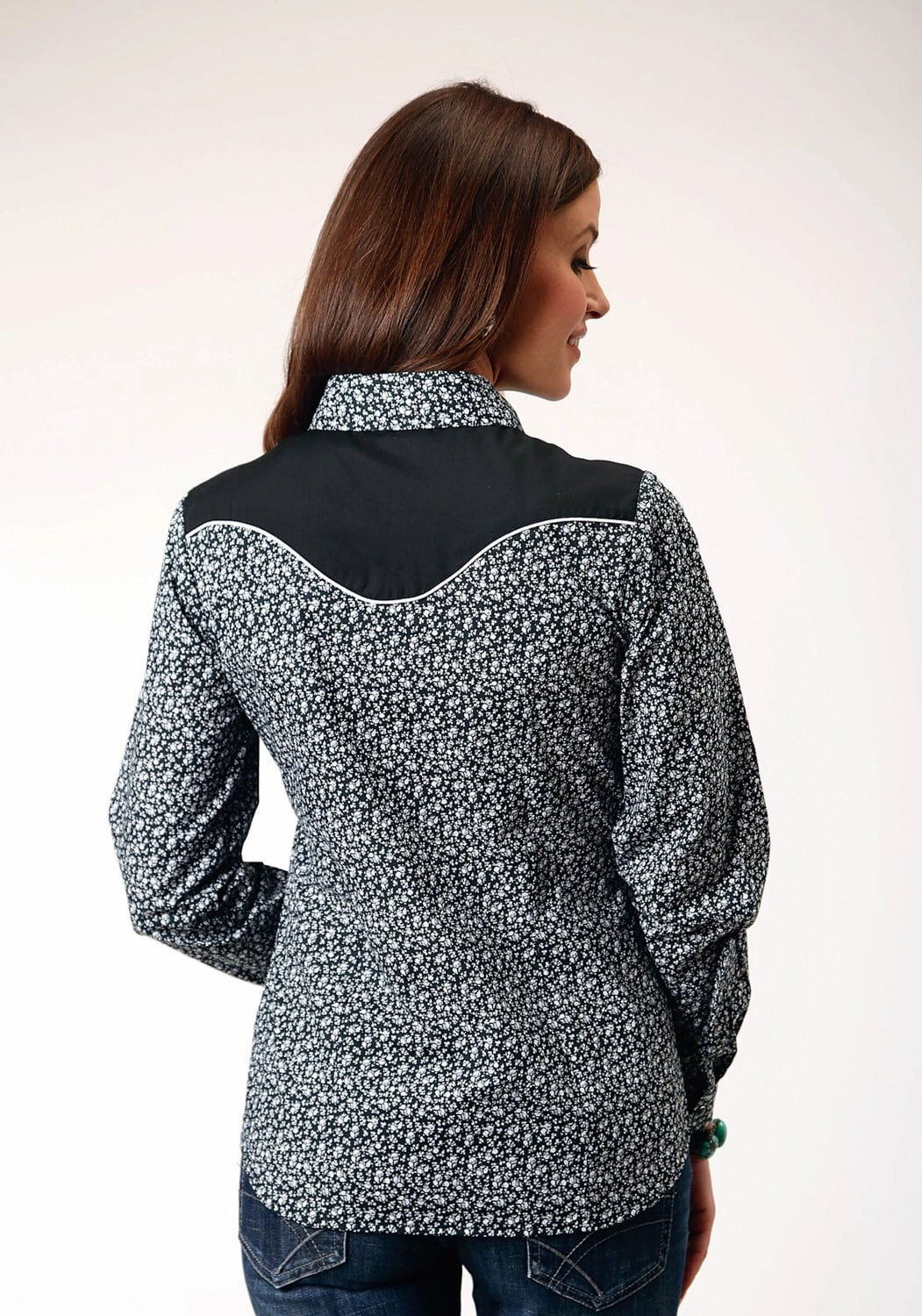 Roper Womens White Floral Black Cotton Blend L/S Shirt Multi Layer Stitching