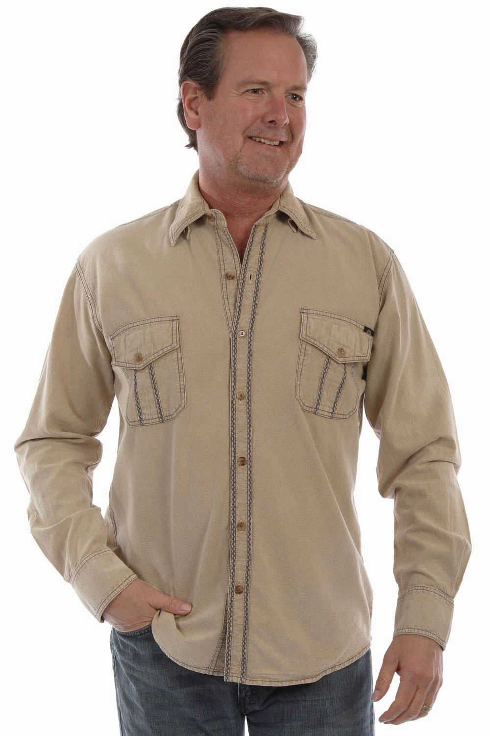 Fade Resistant Formula Durable Buttons Scully Mens Western Contrast Stitching Stone 100% Cotton L/S Shirt