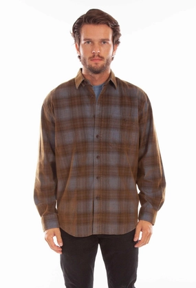 Social Meetup Scully Mens Corduroy Plaid Blue/Brown 100% Cotton L/S Shirt