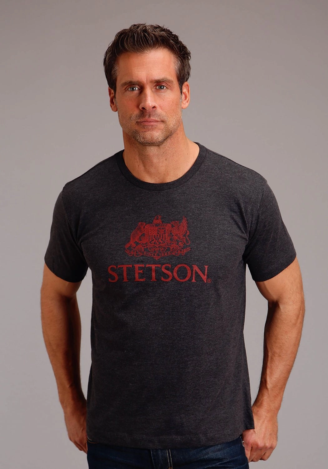 Stetson Mens Dark Grey Cotton Blend Crest Screenprint S/S T-Shirt Professional Look Seasonal Fashion