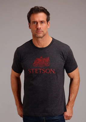 Stetson Mens Dark Grey Cotton Blend Crest Screenprint S/S T-Shirt Professional Look Seasonal Fashion