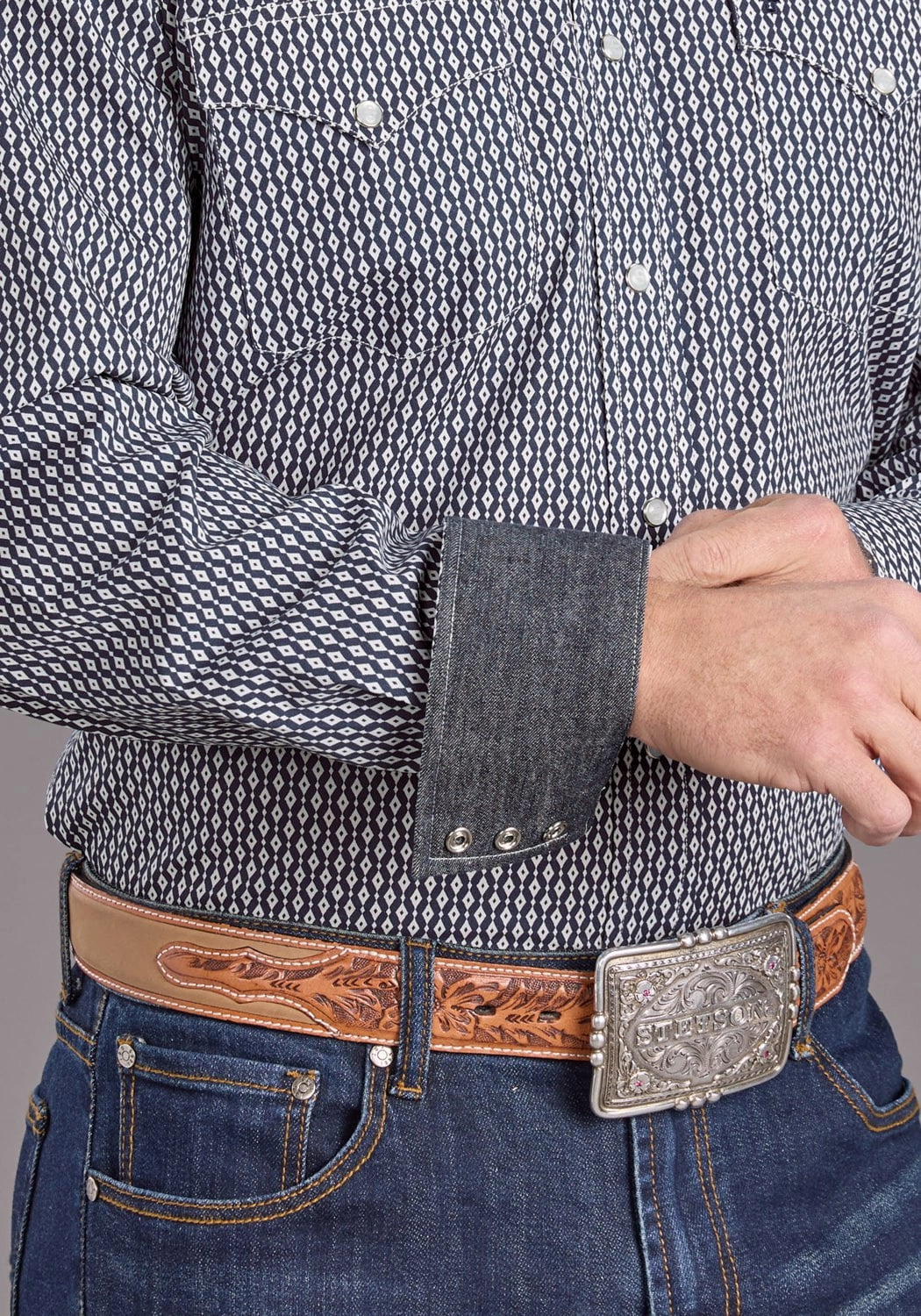 Vibrant color Tall Length Stetson Mens Running Diamonds Blue 100% Cotton L/S Shirt