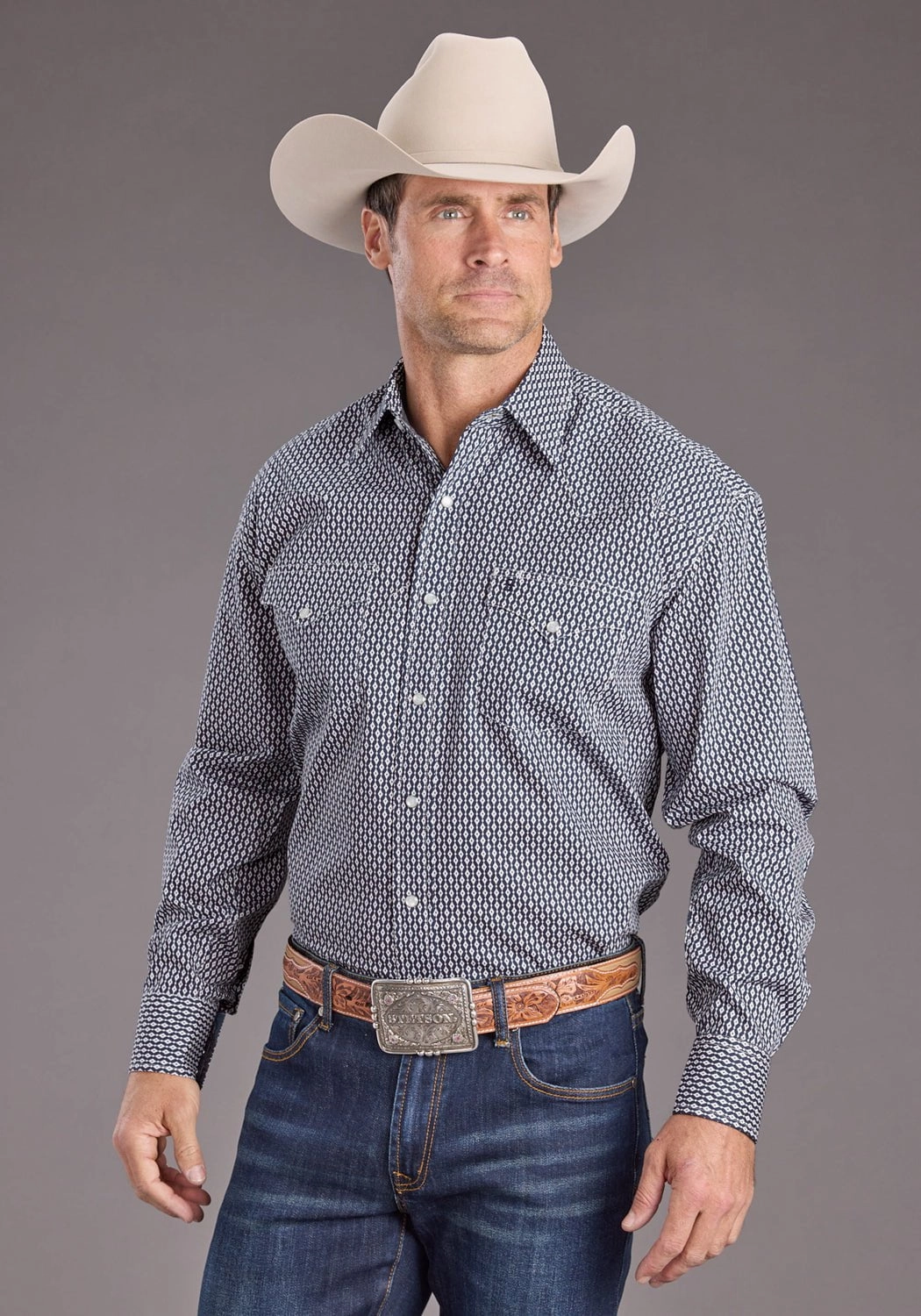 Flex Fit Collar Road Trip Ready Stetson Mens Running Diamonds Blue 100% Cotton L/S Shirt