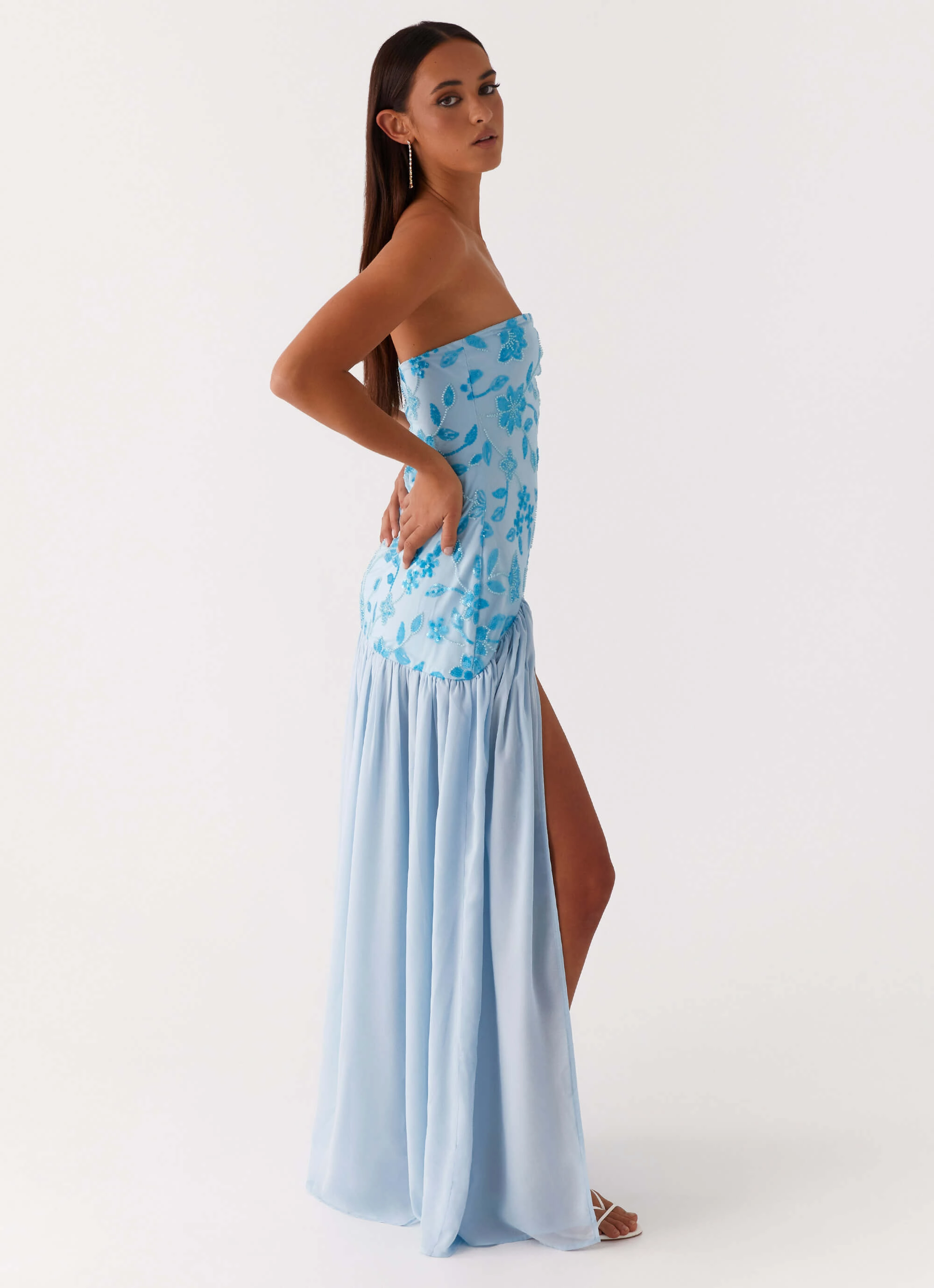 Eden Strapless Beaded Maxi Dress - Blue flowy style