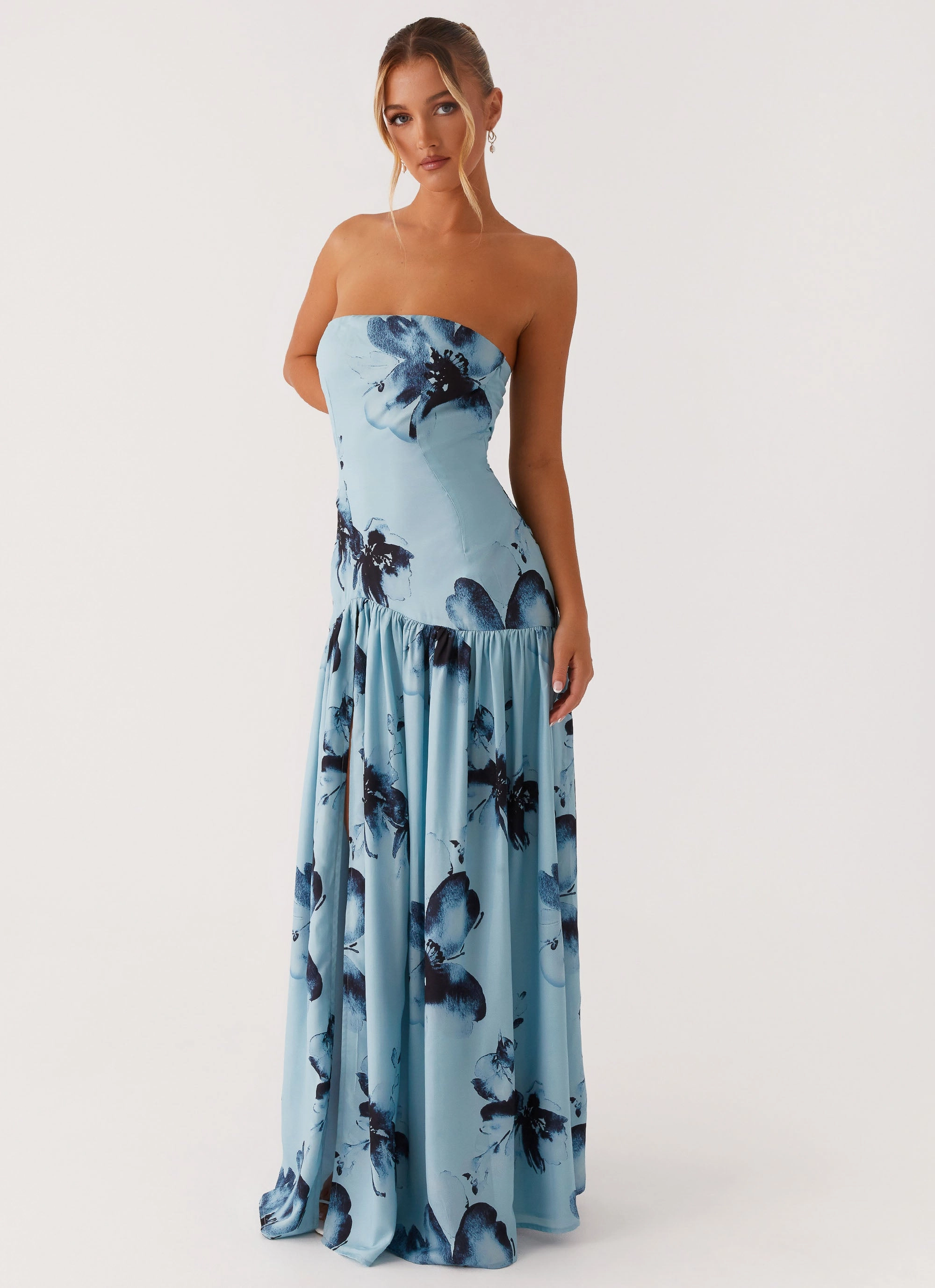 Bodycon Fit Eden Strapless Maxi Dress - Blue Black Floral