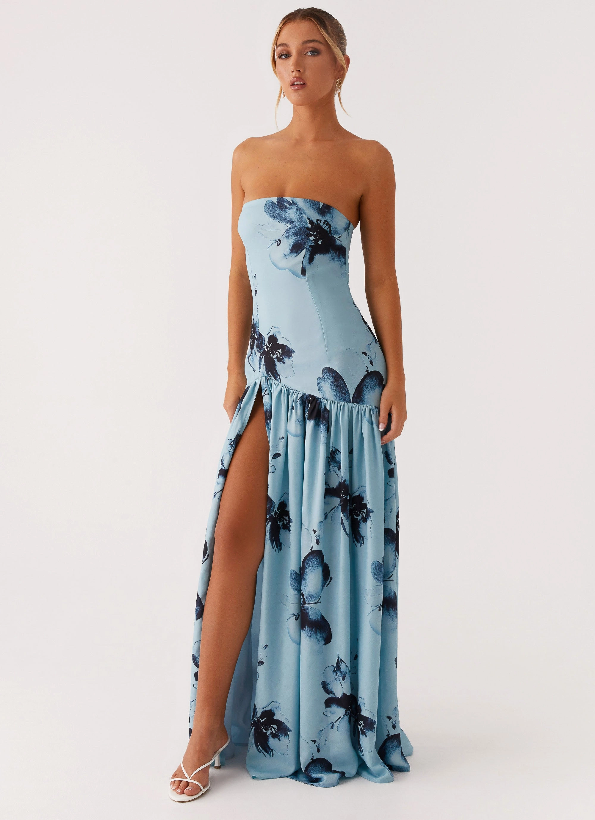 Eden Strapless Maxi Dress - Blue Black Floral Light Motion