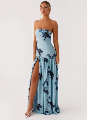 Eden Strapless Maxi Dress - Blue Black Floral Light Motion
