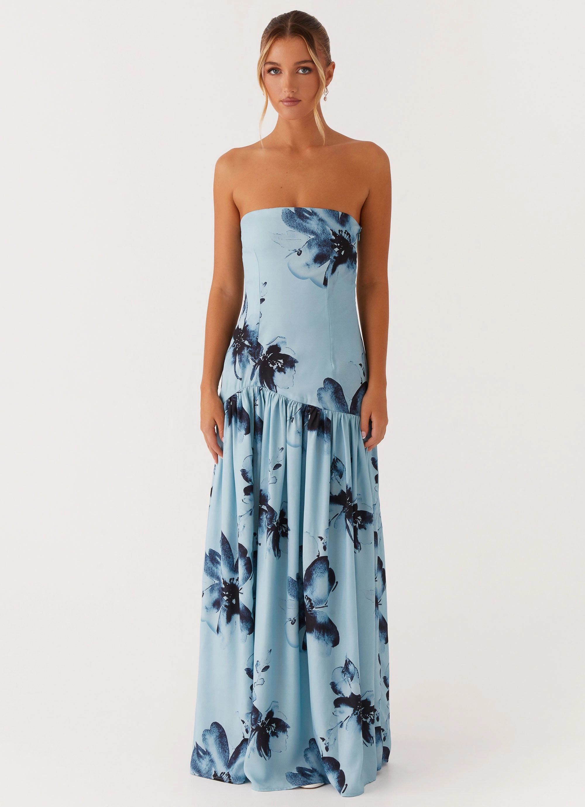 Eden Strapless Maxi Dress - Blue Black Floral Sleeveless