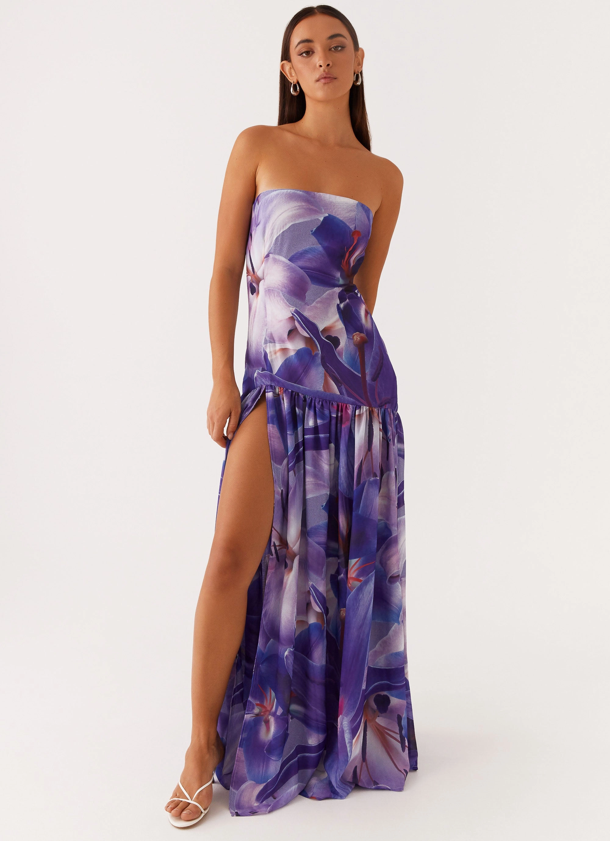 Eden Strapless Maxi Dress - Purple White Lilly Elegant Fabric Urban Casual