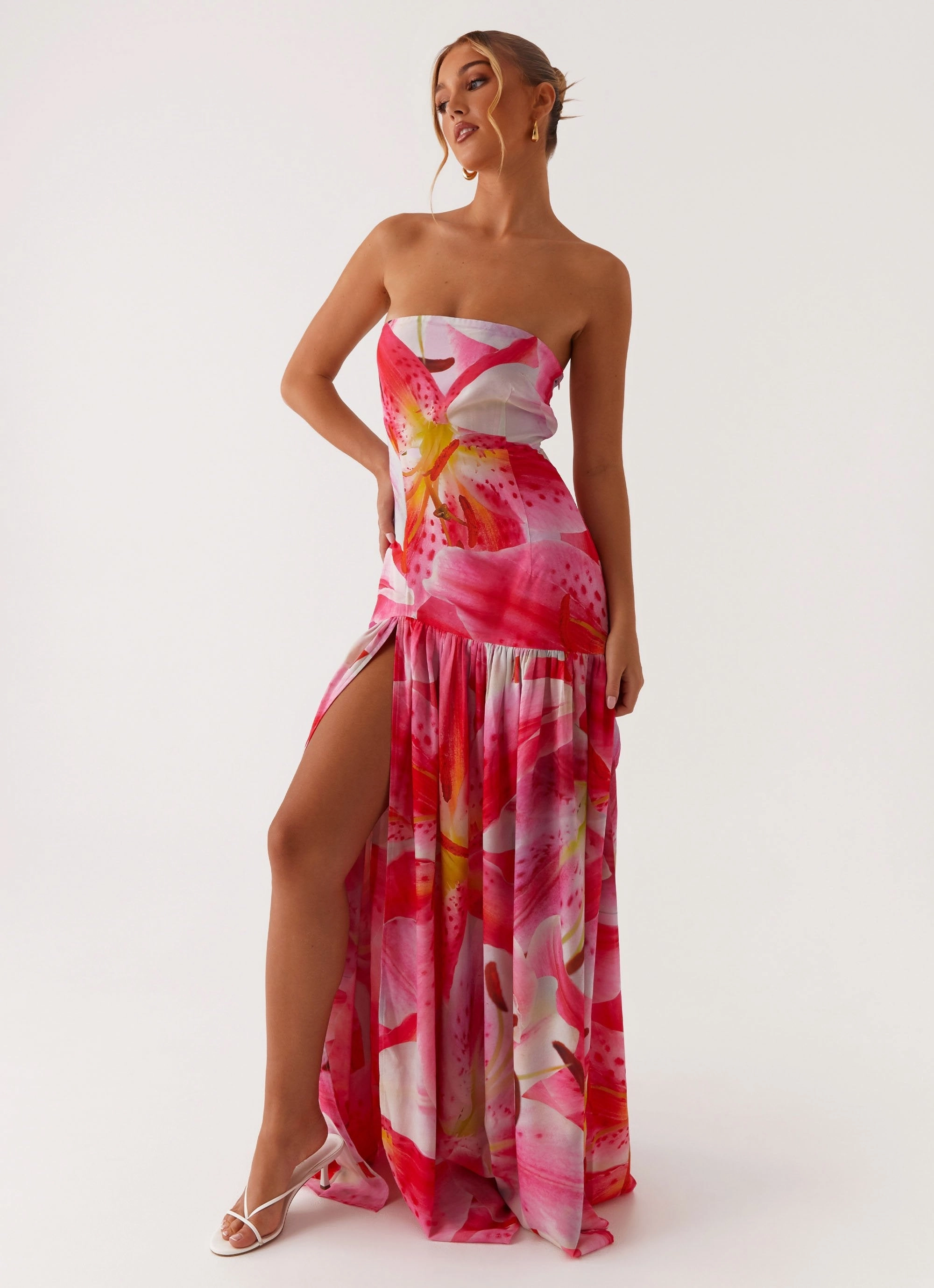 Cafe Vibe Eden Strapless Maxi Dress - White Pink Lilly