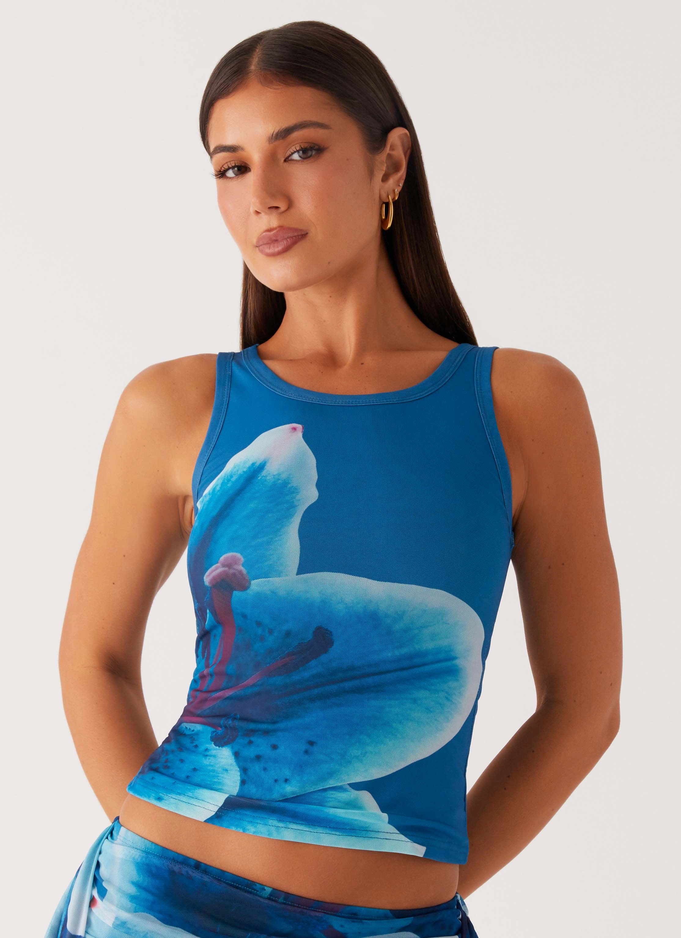 Edera Tank - Turquoise Floral Heritage Inspired High Shine