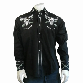 Cruise Collection Rockmount Mens Steer Skull and Arrow Black 100% Cotton L/S Shirt