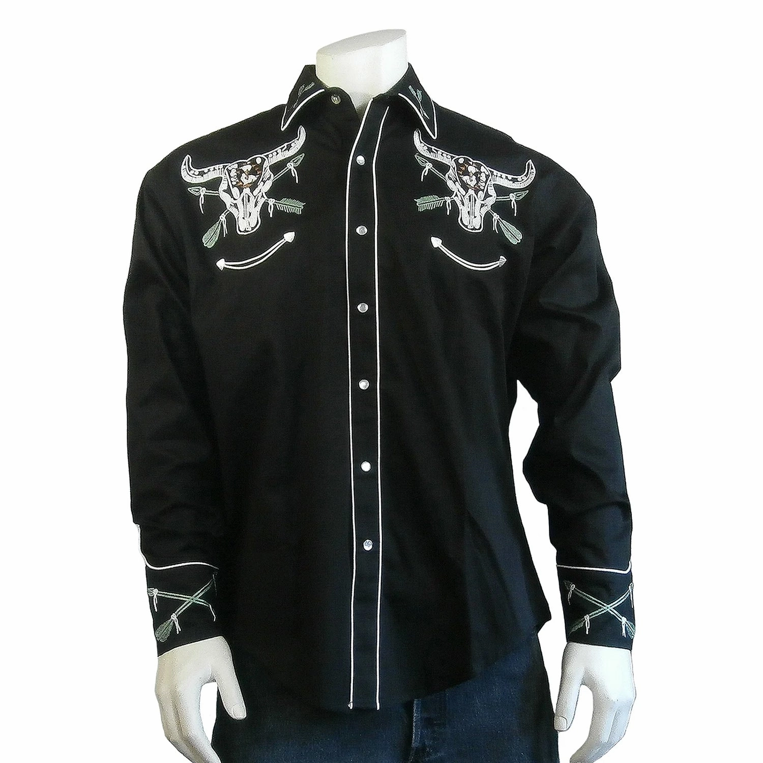Geometric Shape Adjustable Cuff Closure Rockmount Mens Steer Skull and Arrow Black 100% Cotton L/S Shirt