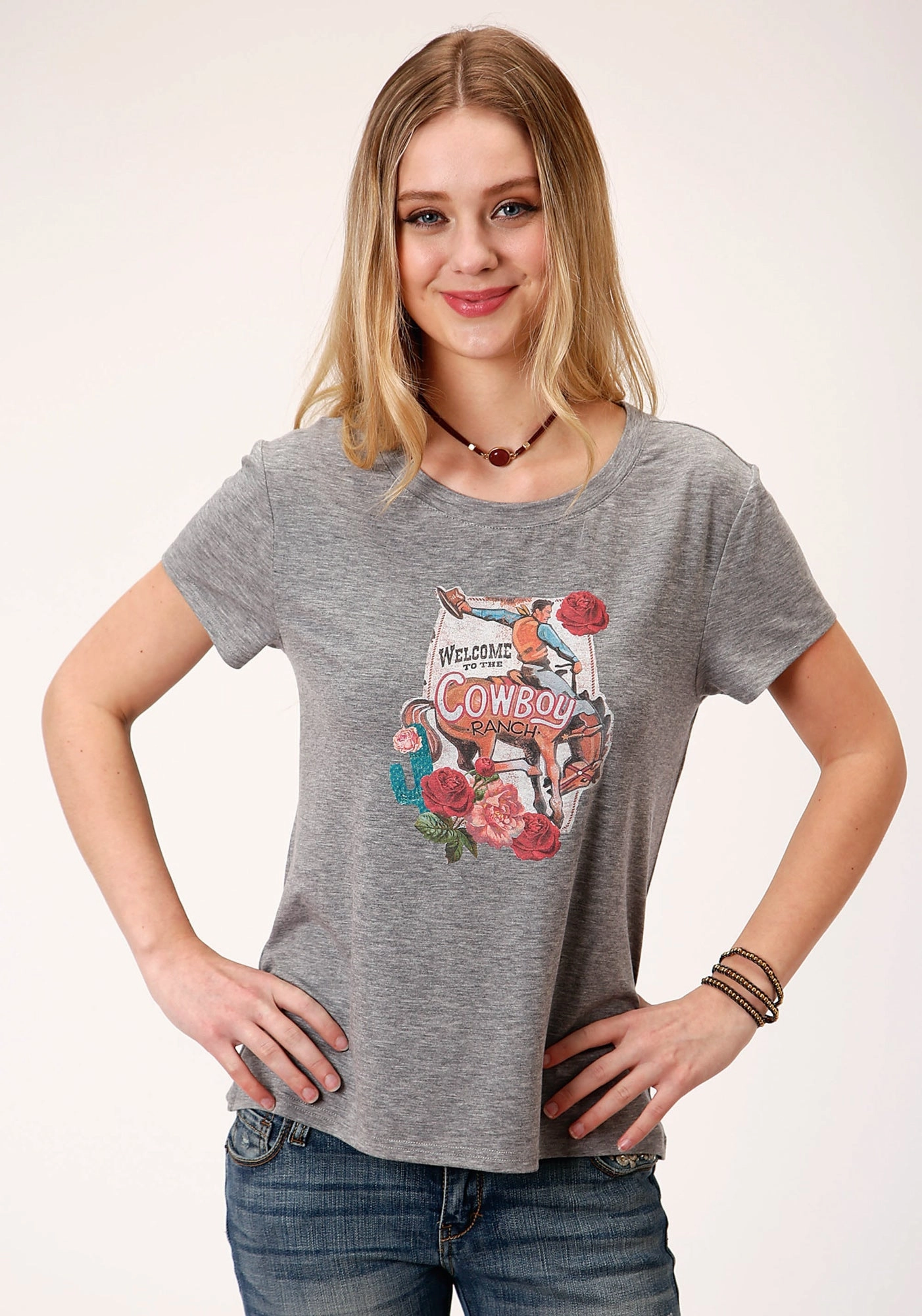 Roper Womens Grey Poly/Rayon Cowboy Ranch S/S T-Shirt Smooth Zipper Design