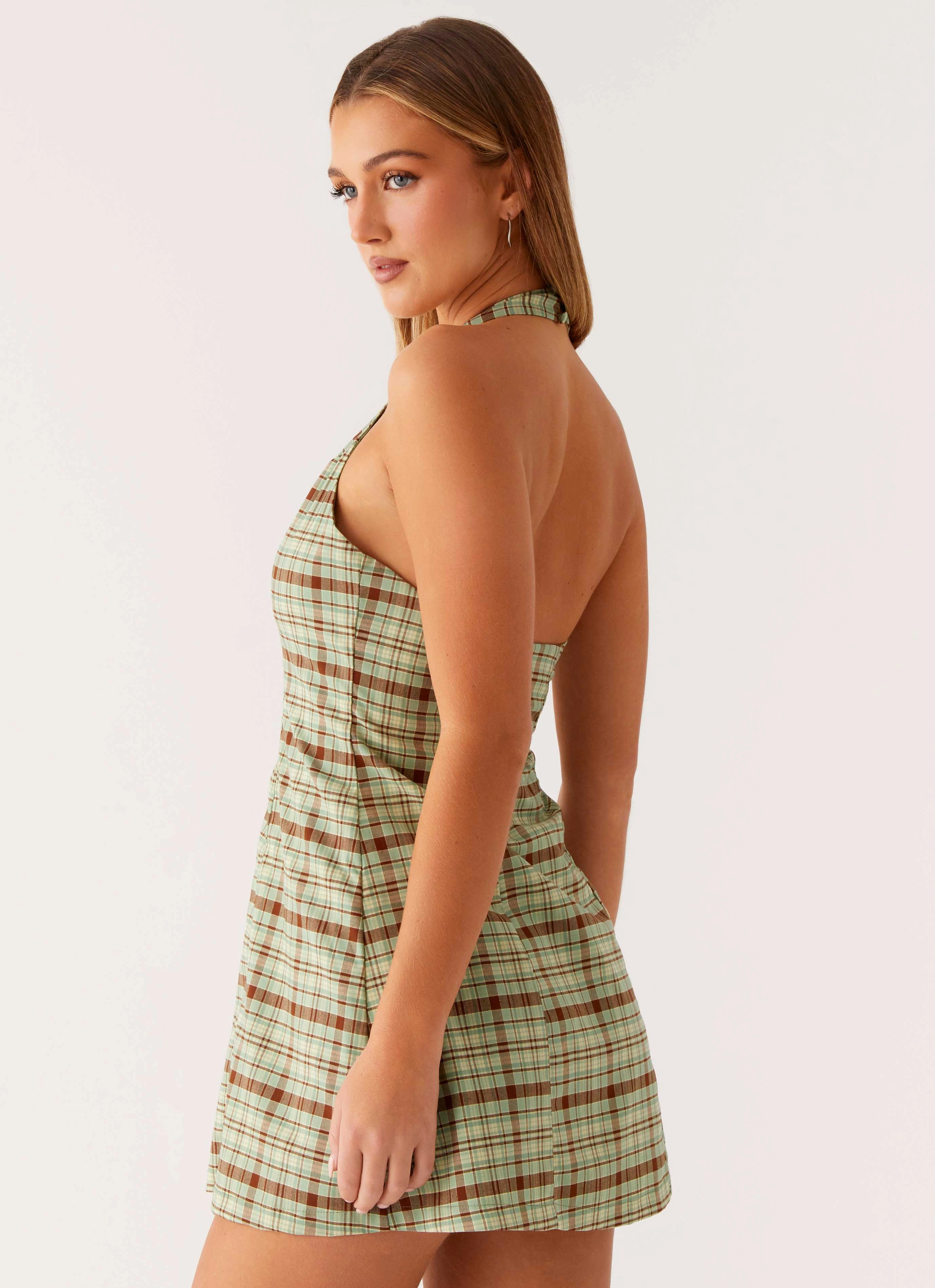 Sophisticated Elegance Dunia Halter Mini Dress - Forest Plaid